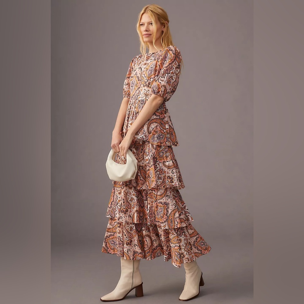 Anthropologie Kachel Tiered Ruffle Paisley Maxi Dress Womens Size Large Boho